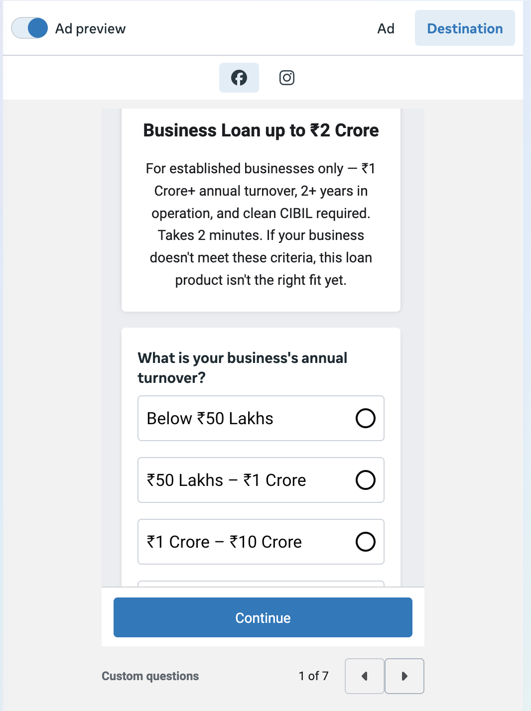Meta lead form preview showing Business Loan qualification with annual turnover question